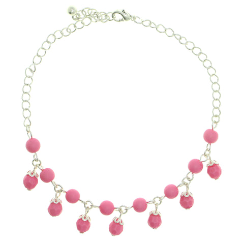 Silver-Tone & Pink Colored Metal Charm-Anklet With Bead Accents #4073