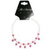 Silver-Tone & Pink Colored Metal Charm-Anklet With Bead Accents #4073