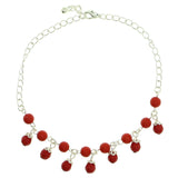 Silver-Tone & Red Colored Metal Charm-Anklet With Bead Accents #4073
