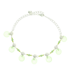 Silver-Tone & Green Colored Metal Charm-Anklet With Bead Accents #4074