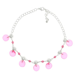 Silver-Tone & Pink Colored Metal Charm-Anklet With Bead Accents #4074