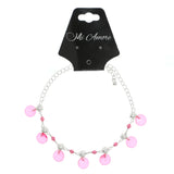 Silver-Tone & Pink Colored Metal Charm-Anklet With Bead Accents #4074