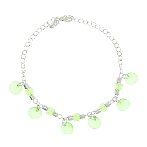 Silver-Tone & Green Colored Metal Charm-Anklet With Bead Accents #4077
