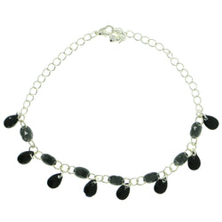 Silver-Tone & Black Colored Metal Charm-Anklet With Bead Accents #4091
