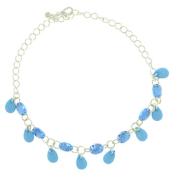 Silver-Tone & Blue Colored Metal Charm-Anklet With Bead Accents #4091