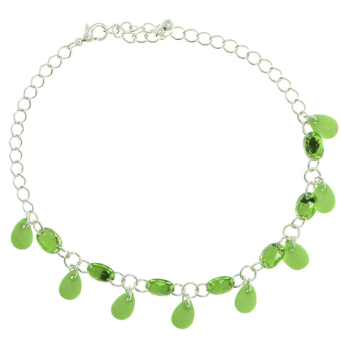 Silver-Tone & Green Colored Metal Charm-Anklet With Bead Accents #4091