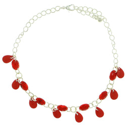 Silver-Tone & Red Colored Metal Charm-Anklet With Bead Accents #4091