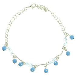 Silver-Tone & Blue Colored Metal Charm-Anklet With Bead Accents #4106