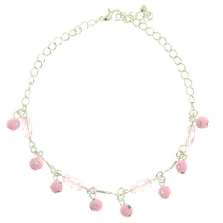 Silver-Tone & Pink Colored Metal Charm-Anklet With Bead Accents #4106