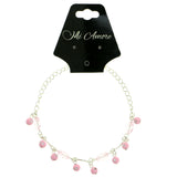 Silver-Tone & Pink Colored Metal Charm-Anklet With Bead Accents #4106