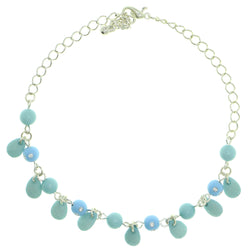 Silver-Tone & Blue Colored Metal Charm-Anklet With Bead Accents #4105