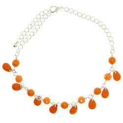Silver-Tone & Orange Colored Metal Charm-Anklet With Bead Accents #4105