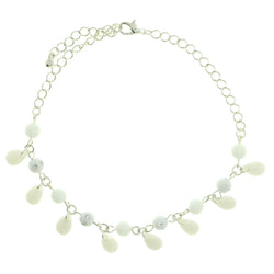 Silver-Tone & White Colored Metal Charm-Anklet With Bead Accents #4105