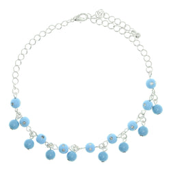 Silver-Tone & Blue Colored Metal Charm-Anklet With Bead Accents #4076