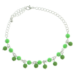 Silver-Tone & Green Colored Metal Charm-Anklet With Bead Accents #4076