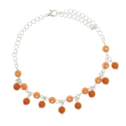 Silver-Tone & Orange Colored Metal Charm-Anklet With Bead Accents #4076