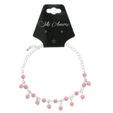 Silver-Tone & Pink Colored Metal Charm-Anklet With Bead Accents #4076
