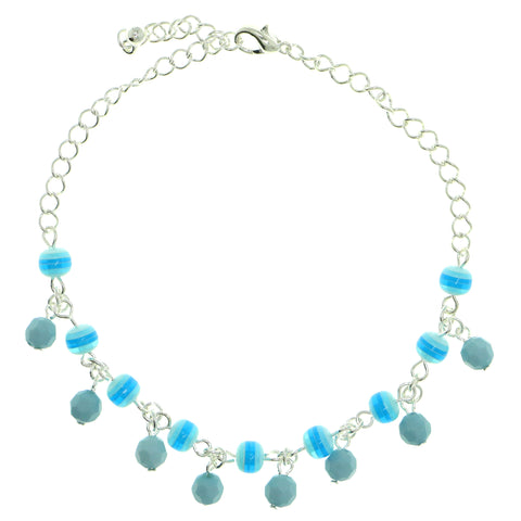Silver-Tone & Blue Colored Metal Charm-Anklet With Bead Accents #4089