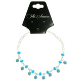Silver-Tone & Blue Colored Metal Charm-Anklet With Bead Accents #4089