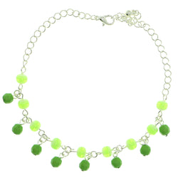 Silver-Tone & Green Colored Metal Charm-Anklet With Bead Accents #4089
