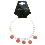 Silver-Tone & Pink Colored Metal Charm-Anklet With Bead Accents #4109