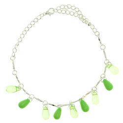 Silver-Tone & Green Colored Metal Charm-Anklet With Bead Accents #4097