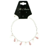 Silver-Tone & Pink Colored Metal Charm-Anklet With Bead Accents #4097