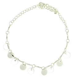 Silver-Tone & White Colored Metal Charm-Anklet With Bead Accents #4102