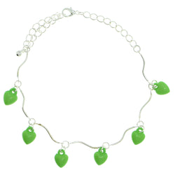 Heart Charm-Anklet With Bead Accents Silver-Tone & Green Colored #4104