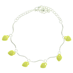 Heart Charm-Anklet With Bead Accents Silver-Tone & Yellow Colored #4104