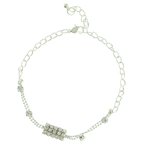 Silver-Tone Metal Chain-Anklet With Crystal Accents #4071