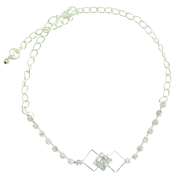 Silver-Tone Metal Chain-Anklet With Crystal Accents #4070