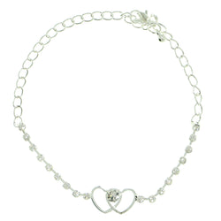 Double Heart Chain-Anklet With Crystal Accents  Silver-Tone Color #4055