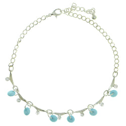 Silver-Tone & Blue Colored Metal Charm-Anklet With Bead Accents #4092