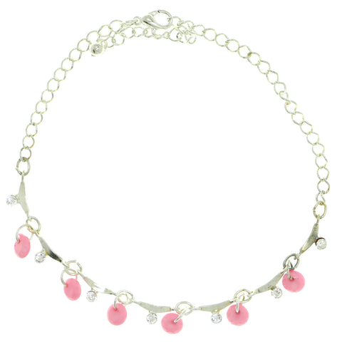 Silver-Tone & Pink Colored Metal Charm-Anklet With Bead Accents #4092
