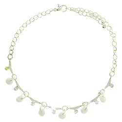 Silver-Tone & White Colored Metal Charm-Anklet With Bead Accents #4092