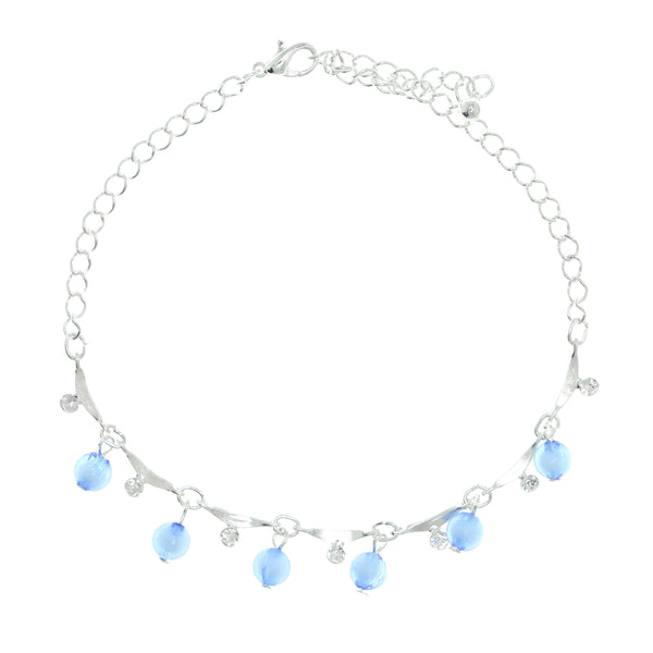 Silver-Tone & Blue Colored Metal Charm-Anklet With Crystal Accents #4075