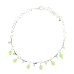 Silver-Tone & Green Colored Metal Charm-Anklet With Crystal Accents #4075