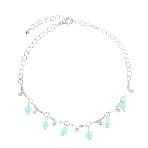 Silver-Tone & Blue Colored Metal Charm-Anklet With Crystal Accents #4075