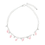 Silver-Tone & Pink Colored Metal Charm-Anklet With Crystal Accents #4075