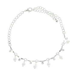 Silver-Tone & White Colored Metal Charm-Anklet With Crystal Accents #4075