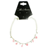 Silver-Tone & Pink Colored Metal Charm-Anklet With Bead Accents #4107