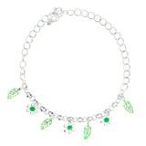 flower Leaf Charm-Anklet With Crystal Accents Silver-Tone & Green Colored #4087