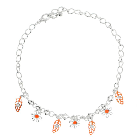 flower Leaf Charm-Anklet With Crystal Accents Silver-Tone & Orange Colored #4087