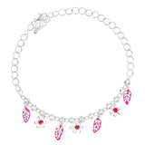 flower Leaf Charm-Anklet With Crystal Accents Silver-Tone & Pink Colored #4087