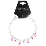 flower Leaf Charm-Anklet With Crystal Accents Silver-Tone & Pink Colored #4087