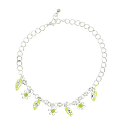 flower Leaf Charm-Anklet With Crystal Accents Silver-Tone & Yellow Colored #4087