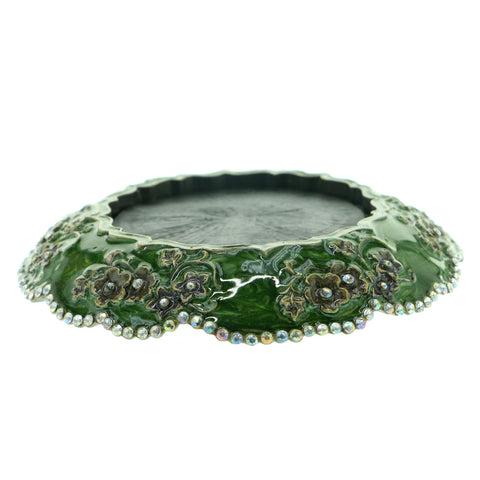 Flowers Candle-Holder With Crystal Accents Pewter & Green Colored #CH3