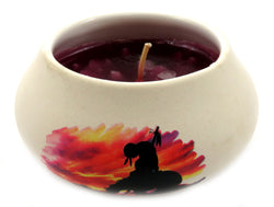 Off white ornamental ceramic candle with an Indian on a horse silhouette design (red candle) CNDL14