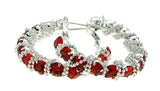 Silver-Tone & Red Colored Metal Crystal-Hoop-Earrings With Crystal Accents #413